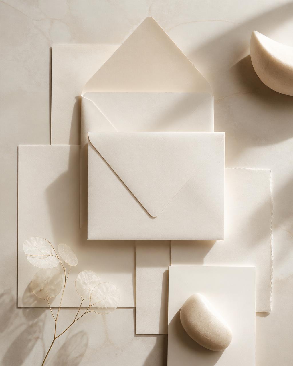 Paper and envelope still life in cream tones